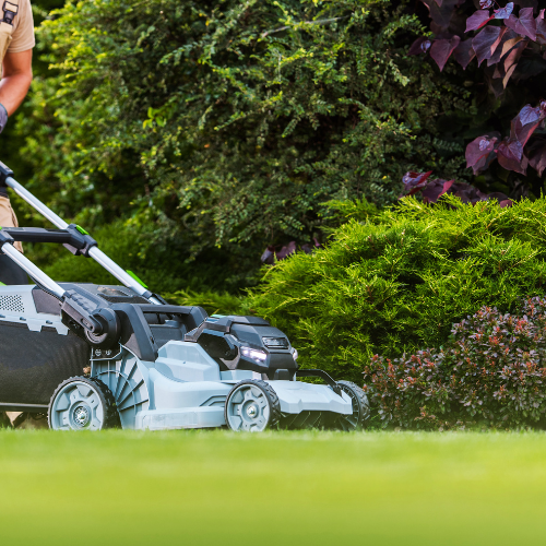 A close up of a lawn mower