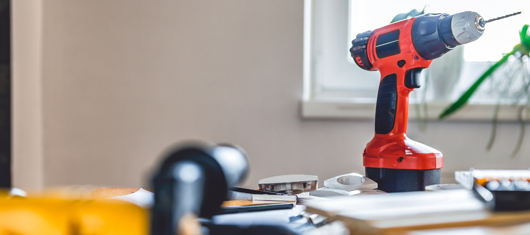Power tools spread across a table